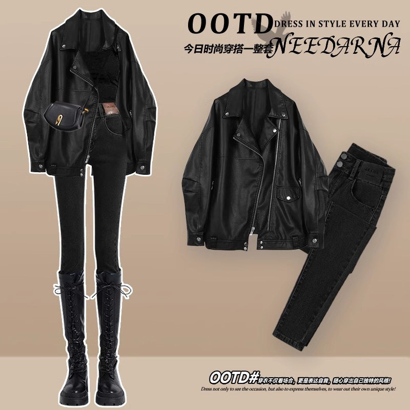 英国DGKP又a又飒黑色皮衣外套职业套装女秋冬装搭配一整套小个子