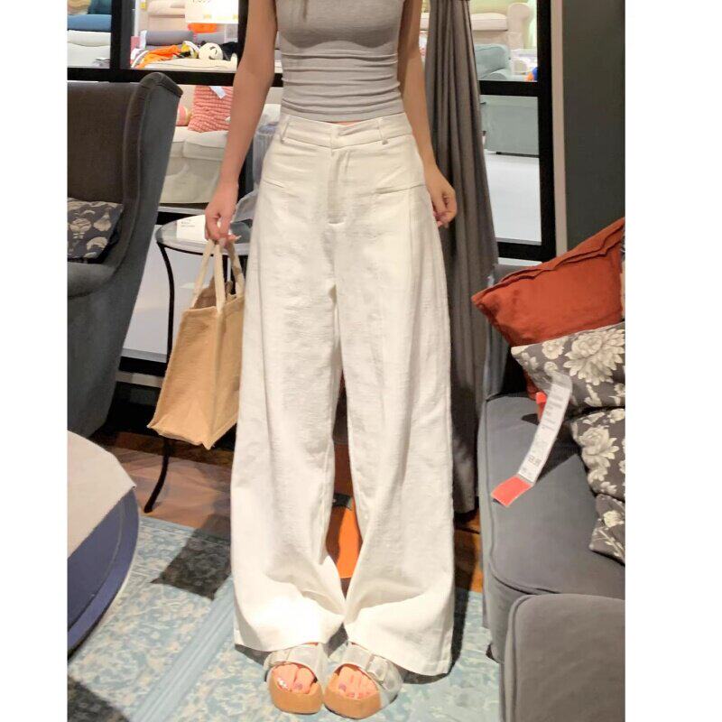 韩国Uamtor白色天丝亚麻阔腿裤女春夏季薄款休闲老钱风直筒西装裤