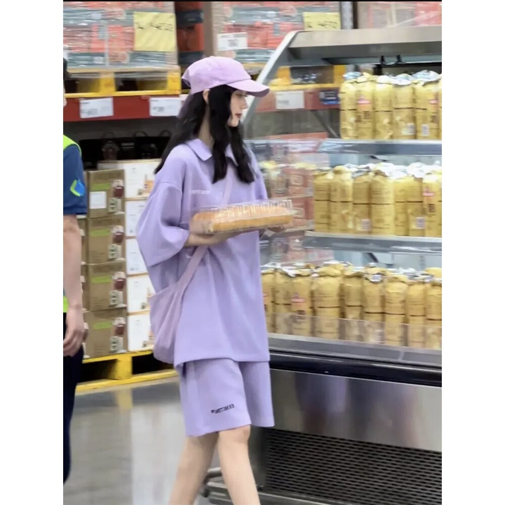 MDCW米兰风夏日多巴胺穿搭一整套紫色减龄短袖短裤ootd运动套装
