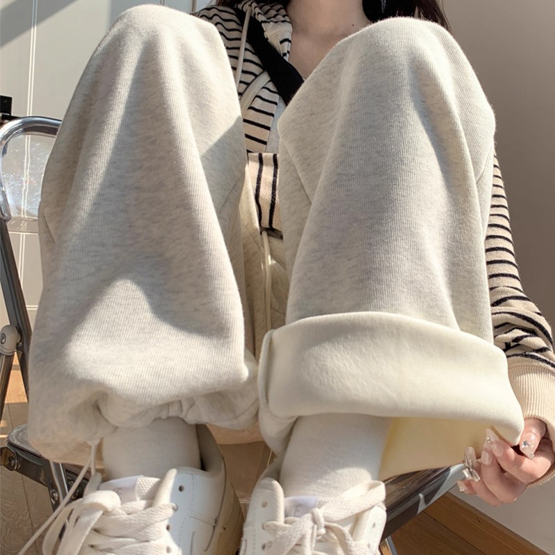 英国DGKP加绒运动裤女宽松束脚秋冬直筒阔腿美式休闲灰色春秋卫裤