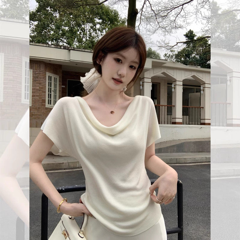 Native Road白色冰丝针织短袖t女夏2026新款独特别致绝美荡领上衣