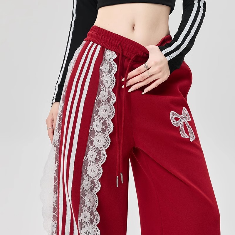英国DHWA复古运动卫裤女2025春秋新款香蕉直筒裤蕾丝织带休闲裤潮