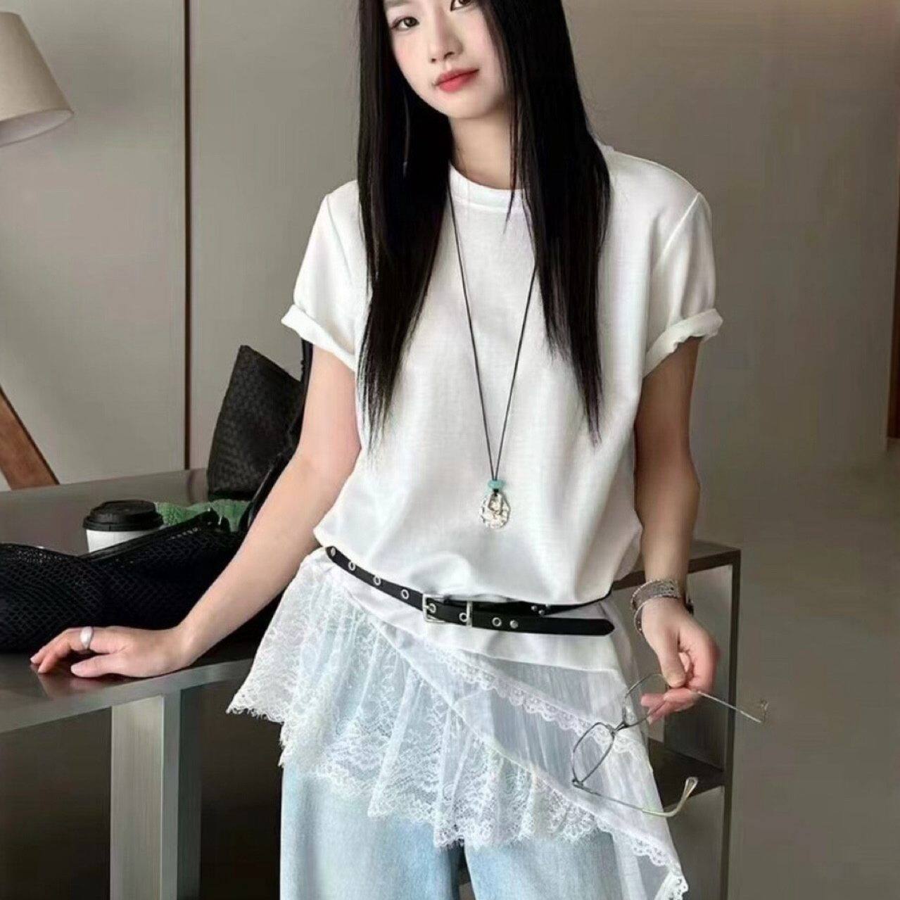 法国MDCW 韩版时尚通勤风蕾丝花边拼接短袖T恤女夏季修身气质上衣