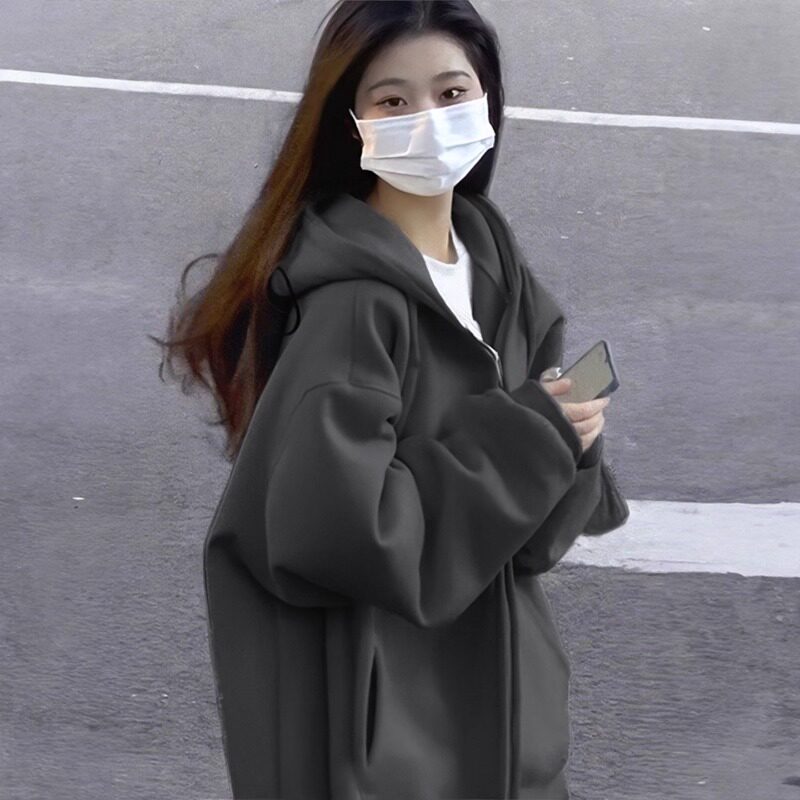 NextLori连帽卫衣女春秋深灰色2025新款长袖美式开衫外套拉链上衣