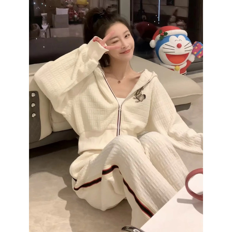 英国DHWA春秋运动服女套装拉链连帽卫衣宽松休闲阔腿裤两件套