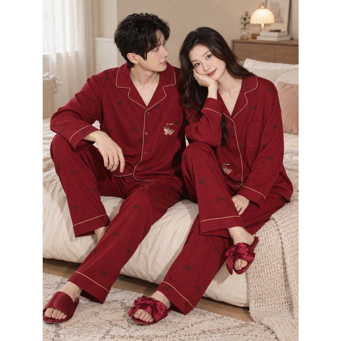 维多利亞2026新款睡衣结婚新婚情侣套装春秋款纯棉婚庆酒红家居服