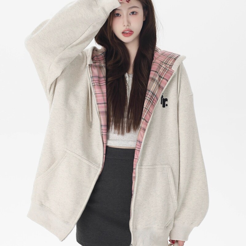 英国DHWA连帽卫衣女2025春秋季新款宽松拉链开衫上衣慵懒风外套潮