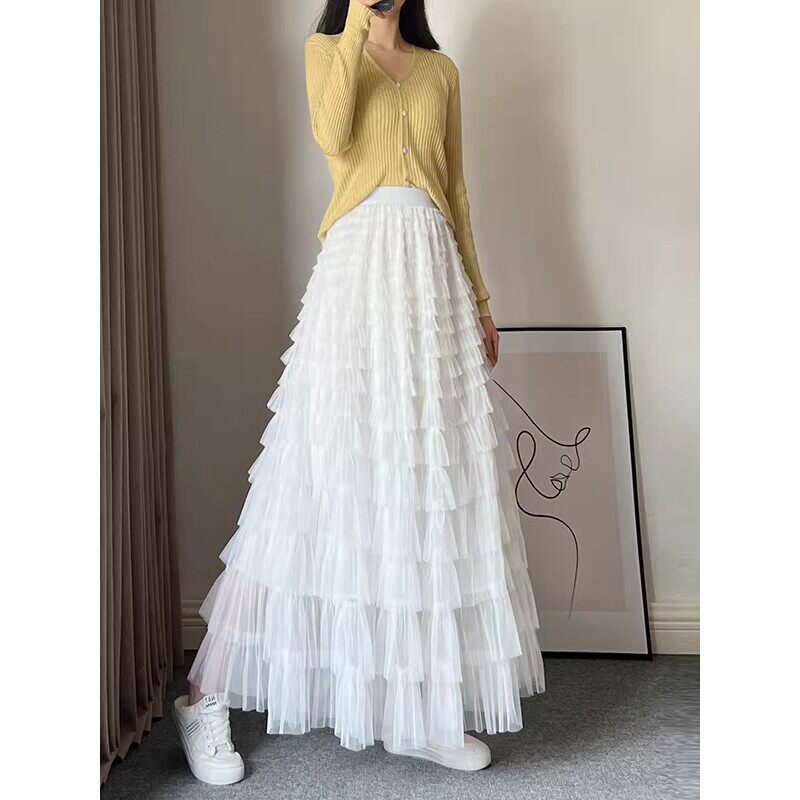 法国G·T白色纱裙层层蛋糕半身裙仙女裙网纱裙春夏季重工及踝长裙