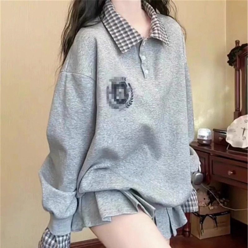 米兰风MDCW美式chic灰色假两件polo领卫衣女春秋2025新款宽松上衣