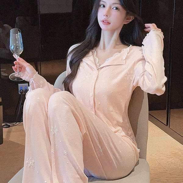 维多利亞睡衣女款春秋长袖套装粉色雪花高级感甜美蕾丝外穿家居服