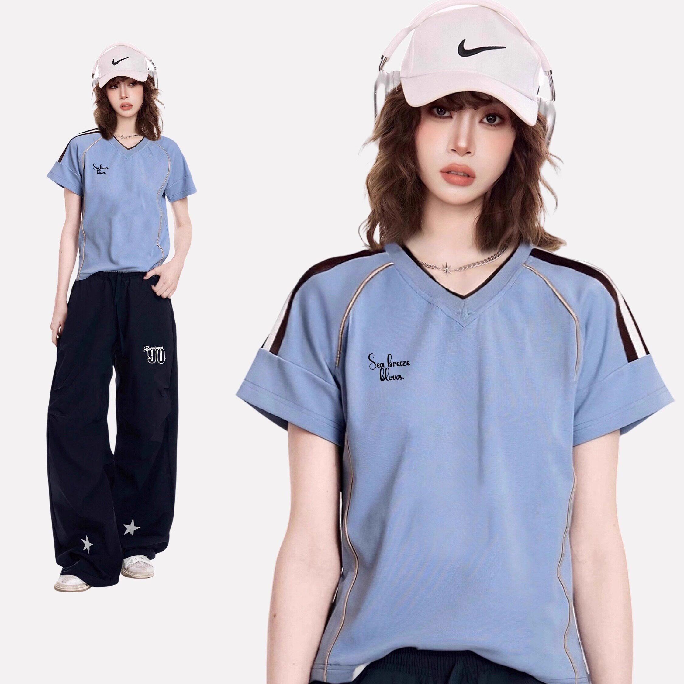 MDCW米兰风美式蓝色v领插肩正肩短袖女2026夏季设计感运动球衣T恤