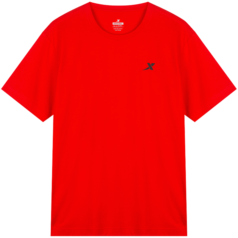 特步短袖T恤男夏季薄款休闲运动上衣大码宽松红色半袖健身训练t恤