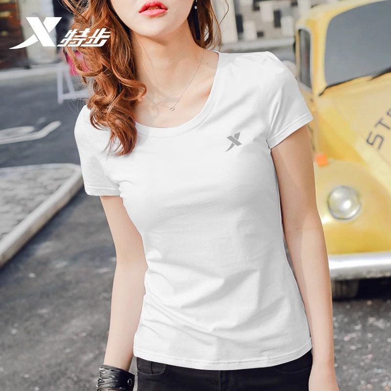 特步短袖t恤女夏季薄款透气圆领白色休闲运动上衣速干衣半袖女装