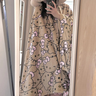 卡通可爱沙发毛毯kt猫咖色法兰绒盖毯黑皮Kitty午睡空调毯子床垫