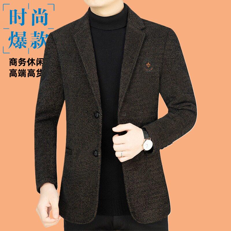 秋冬季新款中年男士毛呢西装外套休闲中老年上衣服爸爸高档西服男