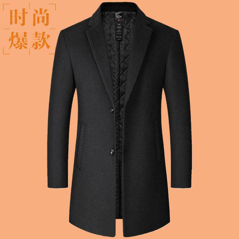 冬季时尚风衣男中长款休闲中年呢子外套潮流加厚毛呢大衣顺毛男装