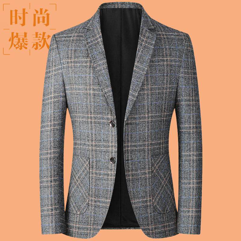 西服男外套商务休闲男士小西装修身上衣中年休闲格子春秋单西服