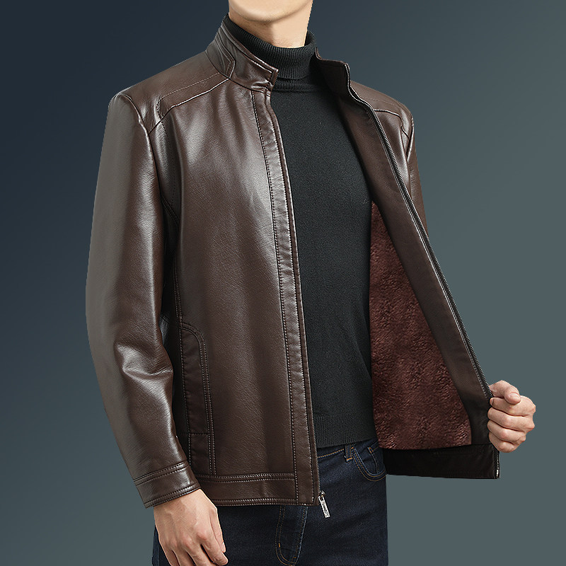 皮立领秋男士特价中老年衣翻领休闲机车外套加绒冬装软皮夹克修身