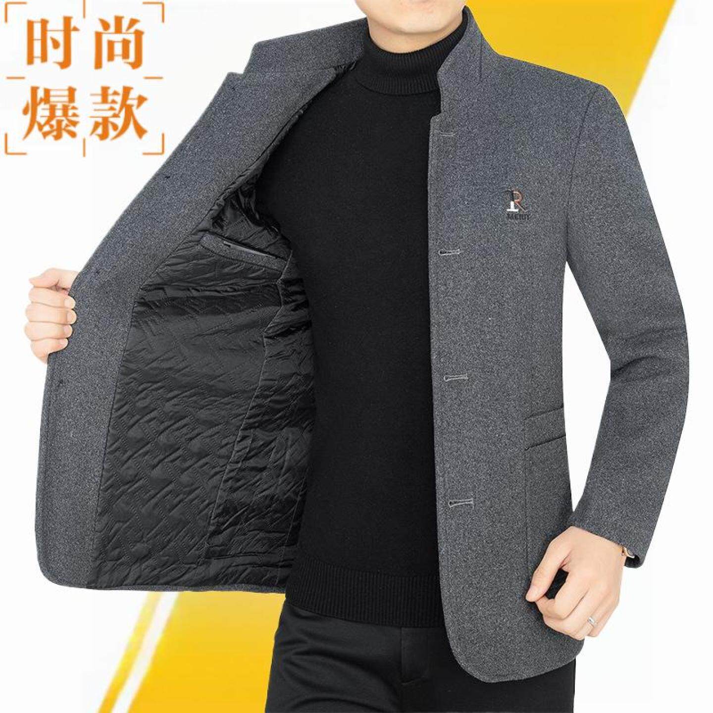 夹克中年加厚立领秋夹棉冬季中年男士冬装装外套爸爸毛呢休闲