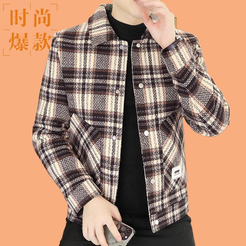 夹克衫中青年春秋翻领男式格子百
