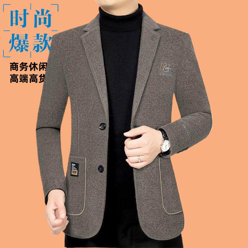 流行秋冬季新款中年男士羊毛呢西装外套爸爸装高档休闲西服男上衣