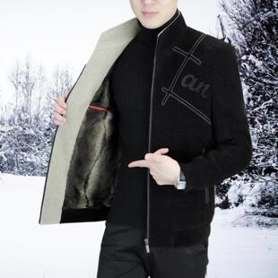 加绒款秋冬貂绒中青年爸爸短款立休闲大衣毛呢领金外套保暖男士