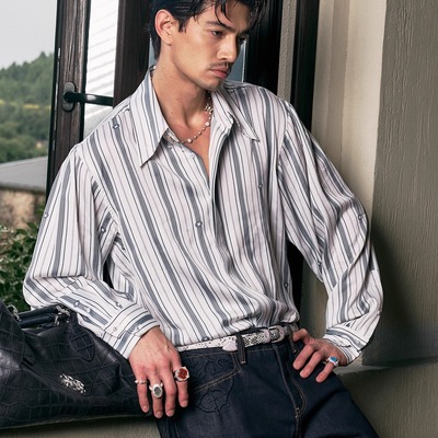 GLB真丝印花条纹珍珠扣醋酸衬衫