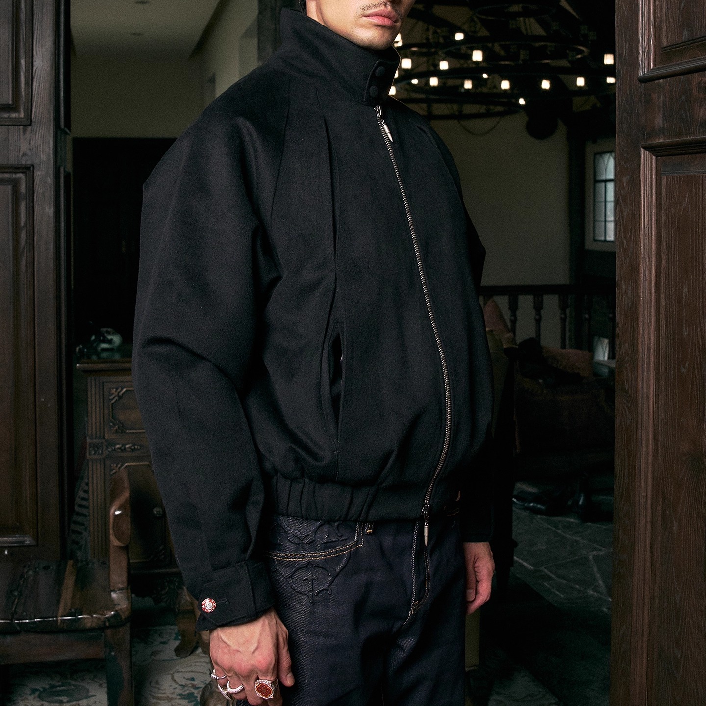 GLB|老钱雅奢黑色羊毛立领棉服