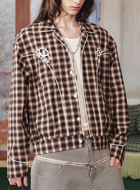 GLACIERBOY|暖棕色格纹中空绣花意大利进口羊毛外套剪裁主义夹克