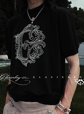 GLACIERBOY|立体烫珠古典LOGO印花短袖夏季小领口凉感T恤