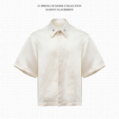 亚麻丝光缎面领插片短袖衬衫