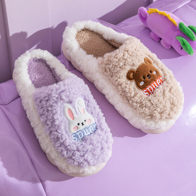 冬季新款时尚棉拖鞋男士卡通家居厚底加厚室内保暖防滑毛毛拖鞋女