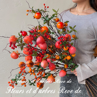 新年乔迁仿真花石榴柿子海棠果树枝客厅摆设假花餐桌玄关造景道具