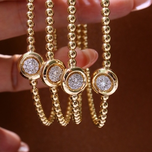 通体18K金镶嵌天然钻石圆金珠弹力手链意大利进口珠宝检测证书