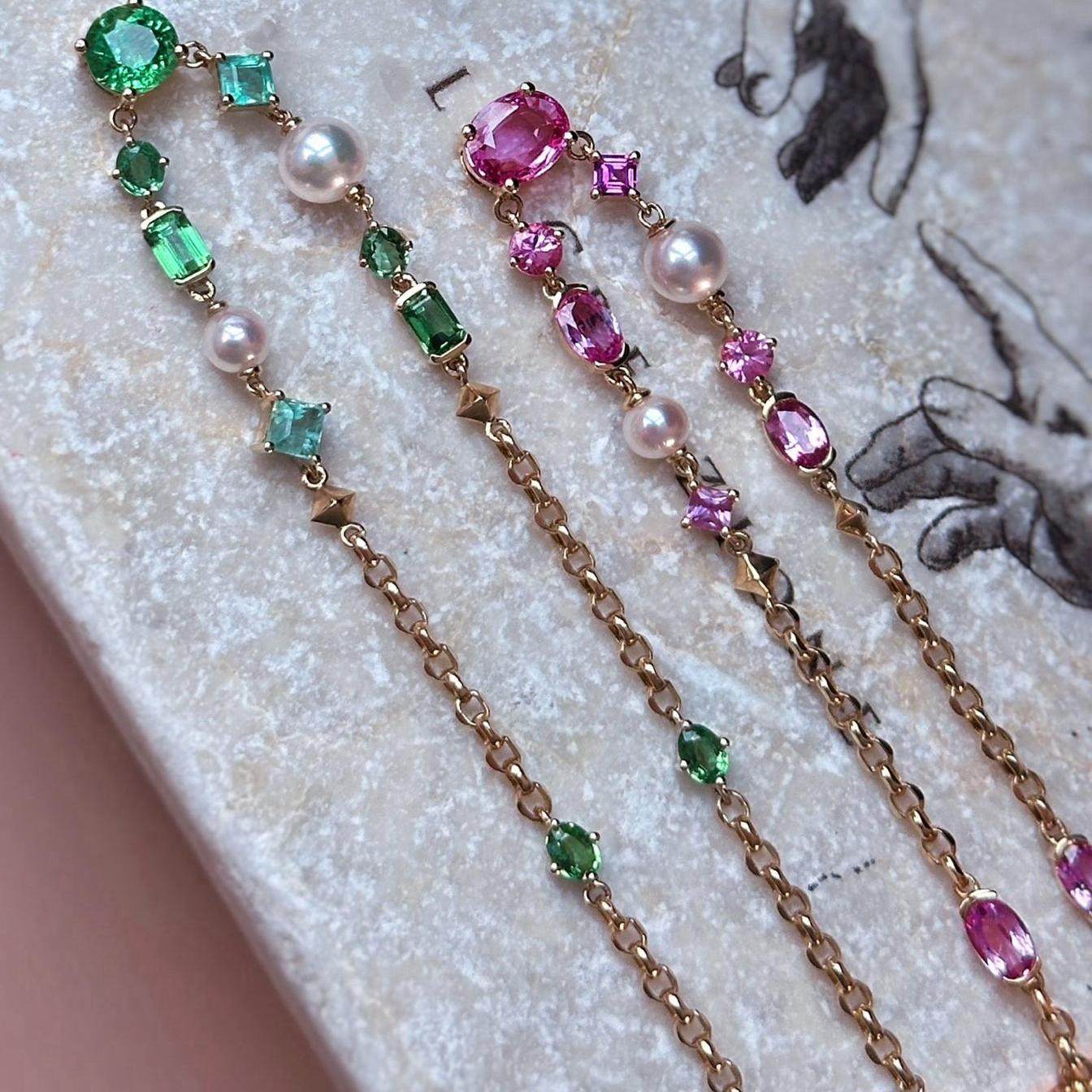 18K金镶嵌 祖母绿 粉蓝宝石 沙弗莱Akoy珍珠项链套链清新多巴胺,珠宝/钻石/翡翠,颈饰,淘宝优惠券,粉丝福利购,淘宝优惠卷