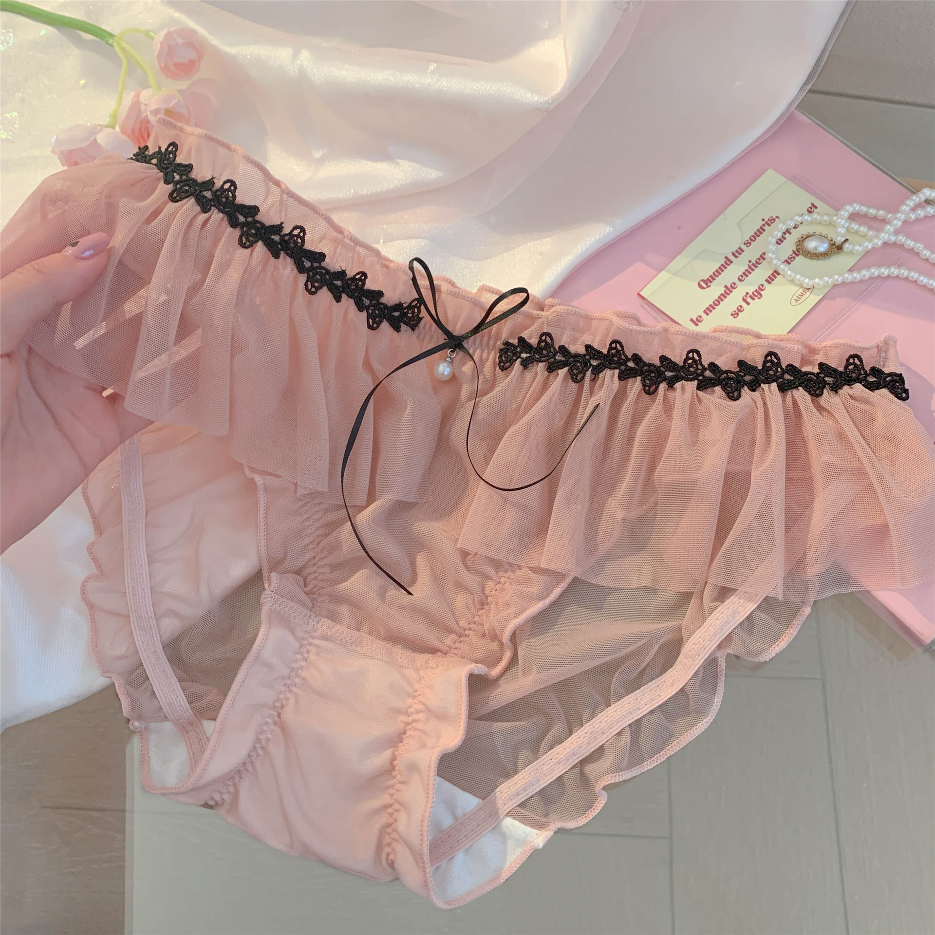 A珍珠百利女生蕾丝网纱透气女士性感小仙女内裤女2025新款纯欲风