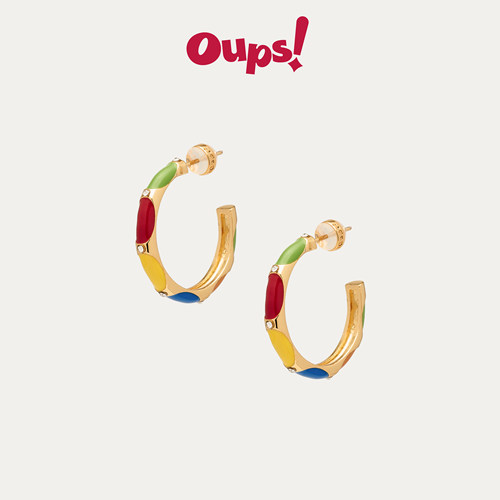 oups滴釉彩虹撞色C形耳环新品
