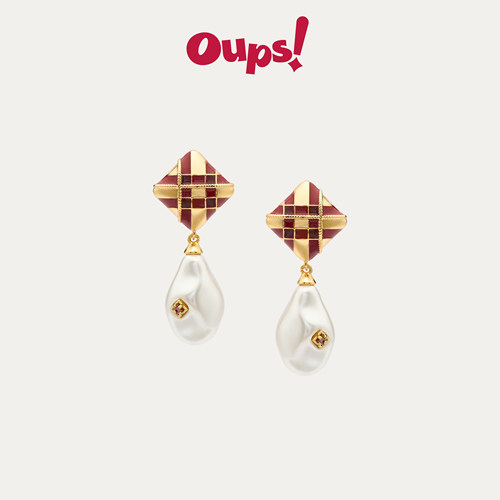 Oups！原创格纹滴釉珍珠耳环新品