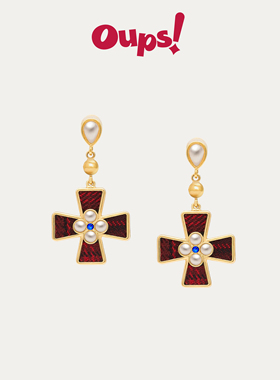 【新年礼物】oups十字礼堂耳环复古格纹红色新年节日耳饰s925原创