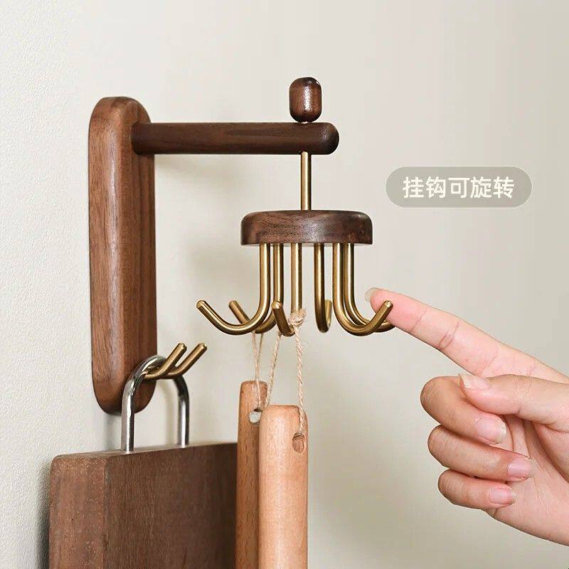 旋转厨房挂钩胡桃木锅铲收纳置物架免打孔实木铲子勺子挂架砧板架