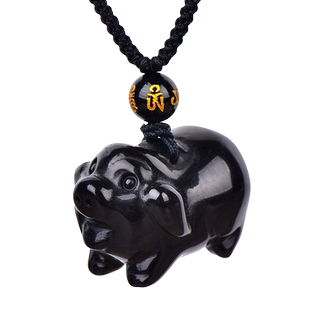 天然黑曜石猪吊坠十二生肖立体可爱黑色小猪项链挂件男女礼物饰品