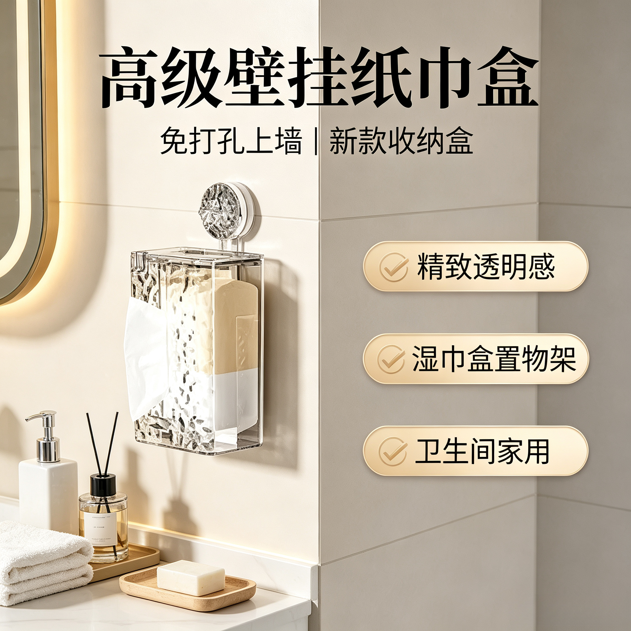 精致纸巾盒高级上墙免打孔新款湿巾盒置物架壁挂式盒子收纳盒高档