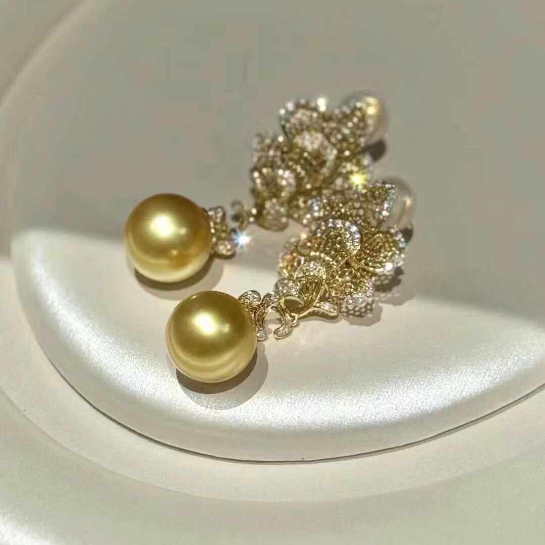 天然海水南洋金珠东方美k金工艺奢华高贵高定款正圆极强光耳饰