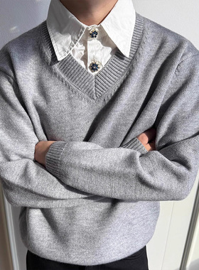 高智感穿搭假两件V领毛衣男款秋冬慵懒风美式高级感老钱风毛线衣