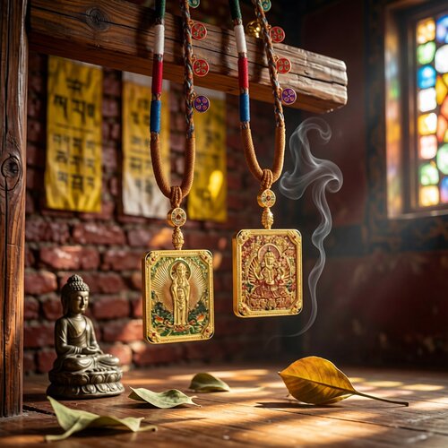 普陀山新款唐卡南海观音方形项链八大守护神吊坠佛牌挂件双面唐卡