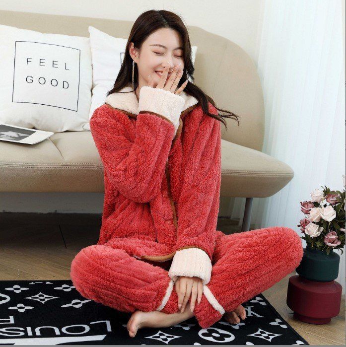 男女冬季新款加厚西装翻领毛绒两件套套装睡衣家居服