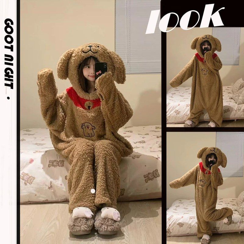 可爱少女线条小狗珊瑚绒连体睡衣女秋冬季加厚连帽保暖法绒睡袍