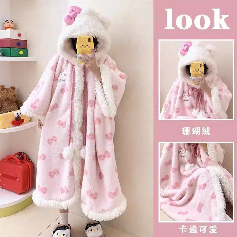 蝴蝶结小猫咪连帽珊瑚绒睡袍女秋冬季毛绒加绒加厚斗篷睡衣家居服