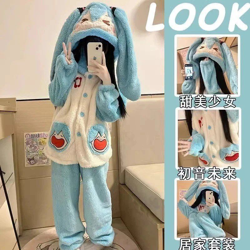 初音未来睡衣女冬季2025年新款珊瑚绒卡通加绒加厚可爱家居服套装