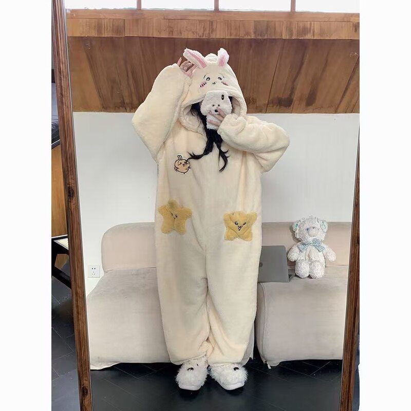 可爱少女乌萨奇一体式秋冬季珊瑚加厚加绒卡通保暖家居服连体睡衣